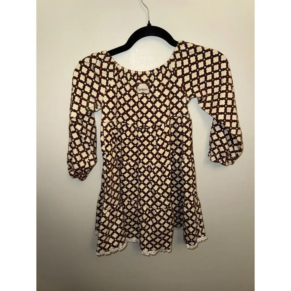 Beehave Girls Dress Size 7 Long Sleeve Tiered Boho Brown Geometric Pattern Lace